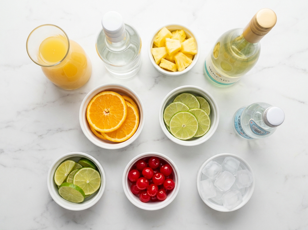 Ingredients for Pina Colada Sangria with Moscato, rum, pineapple, citrus, and cherries