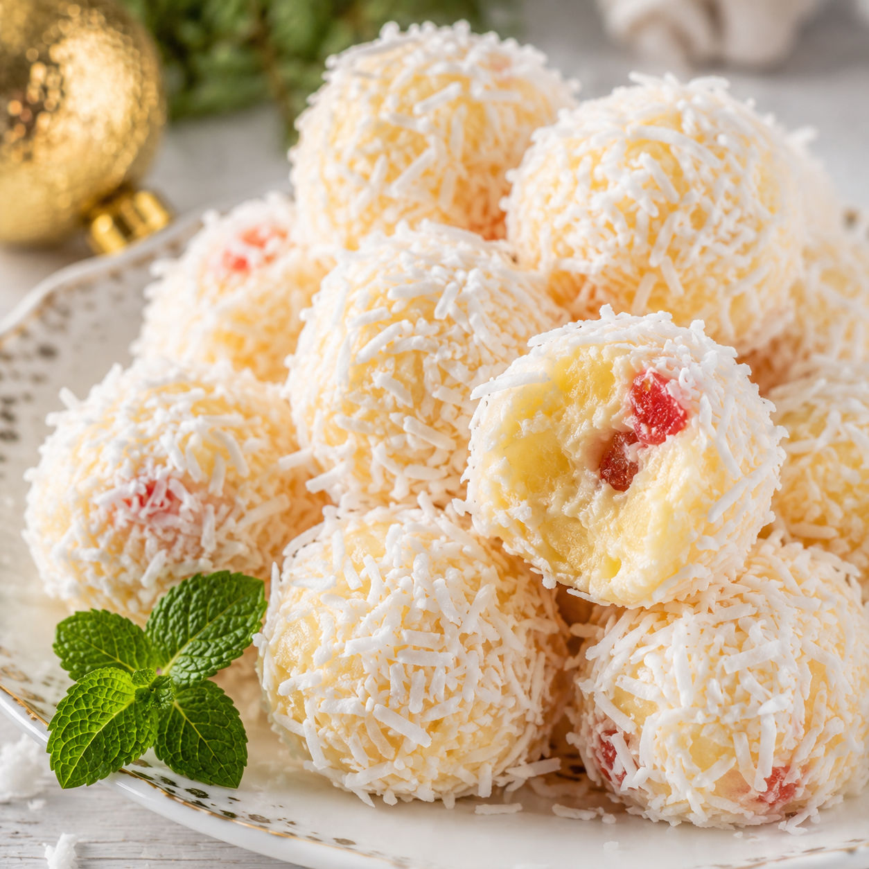Coconut-coated pineapple Christmas balls with cherry flecks on a white plate