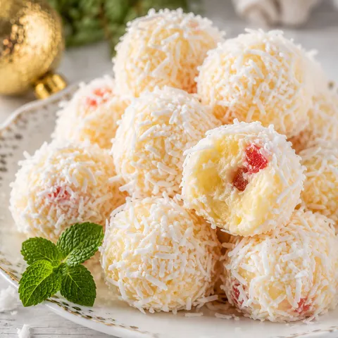 Coconut-coated pineapple Christmas balls with cherry flecks on a white plate