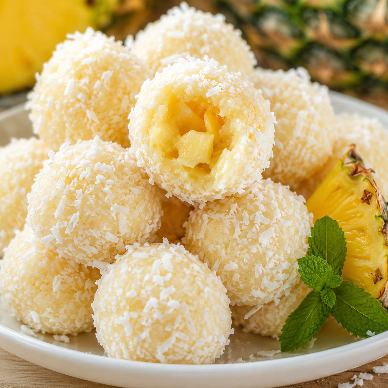 Pineapple coconut balls coated in sweetened coconut on a white plate