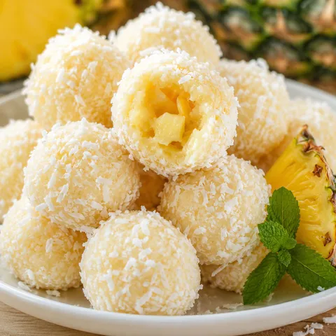 Pineapple coconut balls coated in sweetened coconut on a white plate