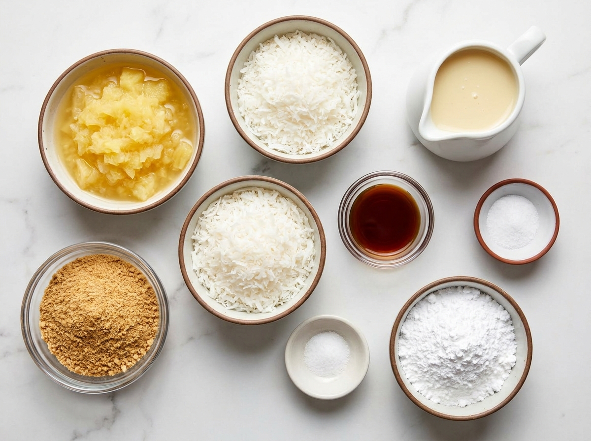 Ingredients for pineapple coconut balls with graham crumbs and condensed milk