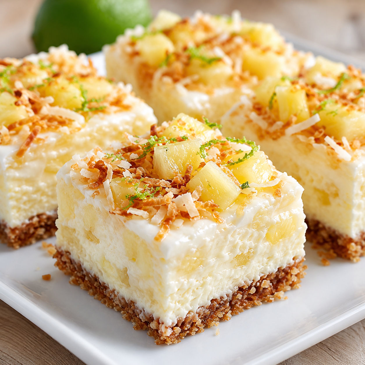 Pineapple coconut cheesecake bars with toasted coconut and creamy layers