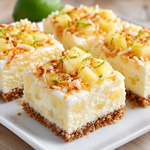 Pineapple coconut cheesecake bars with toasted coconut and creamy layers