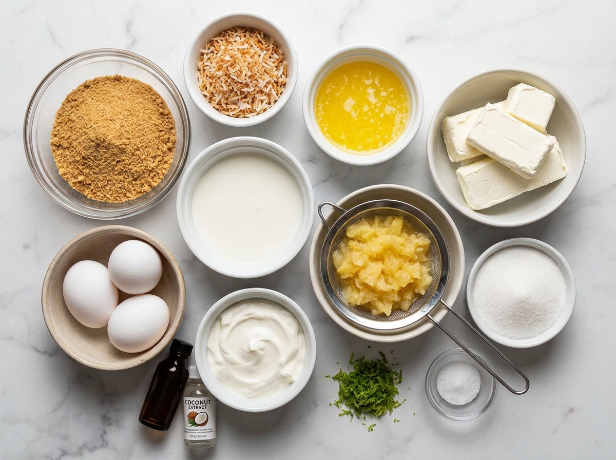 Ingredients for pineapple coconut cheesecake bars with cream cheese and pineapple