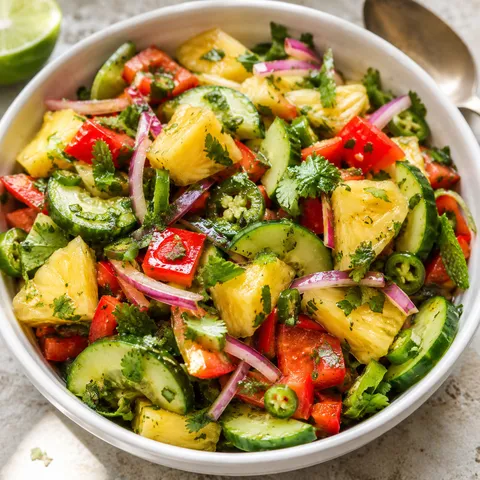Tropical pineapple cucumber salad with lime, herbs, and red pepper