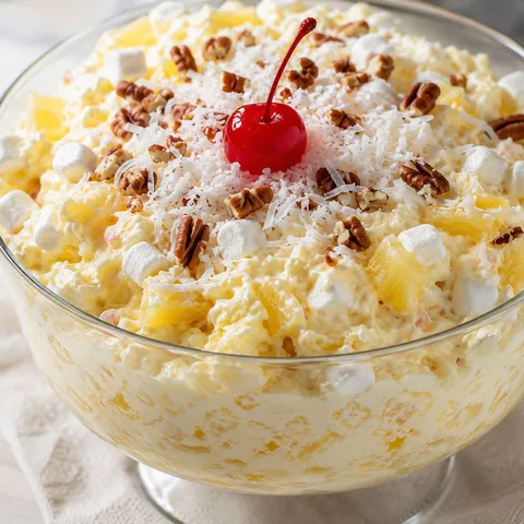 Tropical pineapple fluff delight dessert with marshmallows coconut and pecans in a glass bowl
