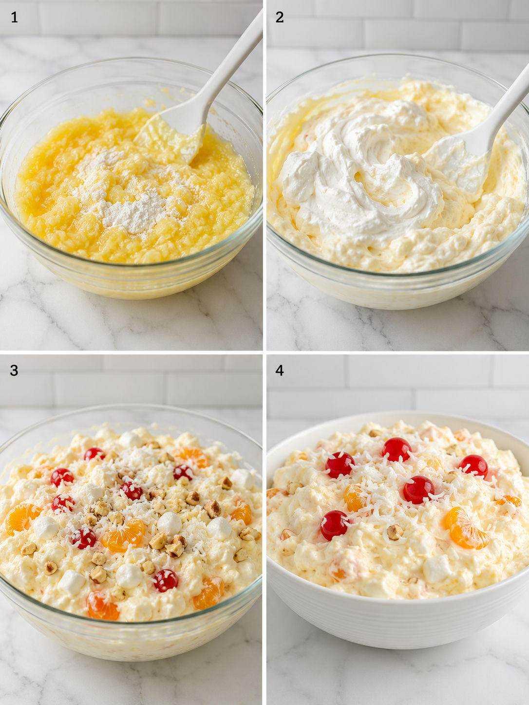 Four steps for mixing Tropical Pineapple Fluff in a glass bowl