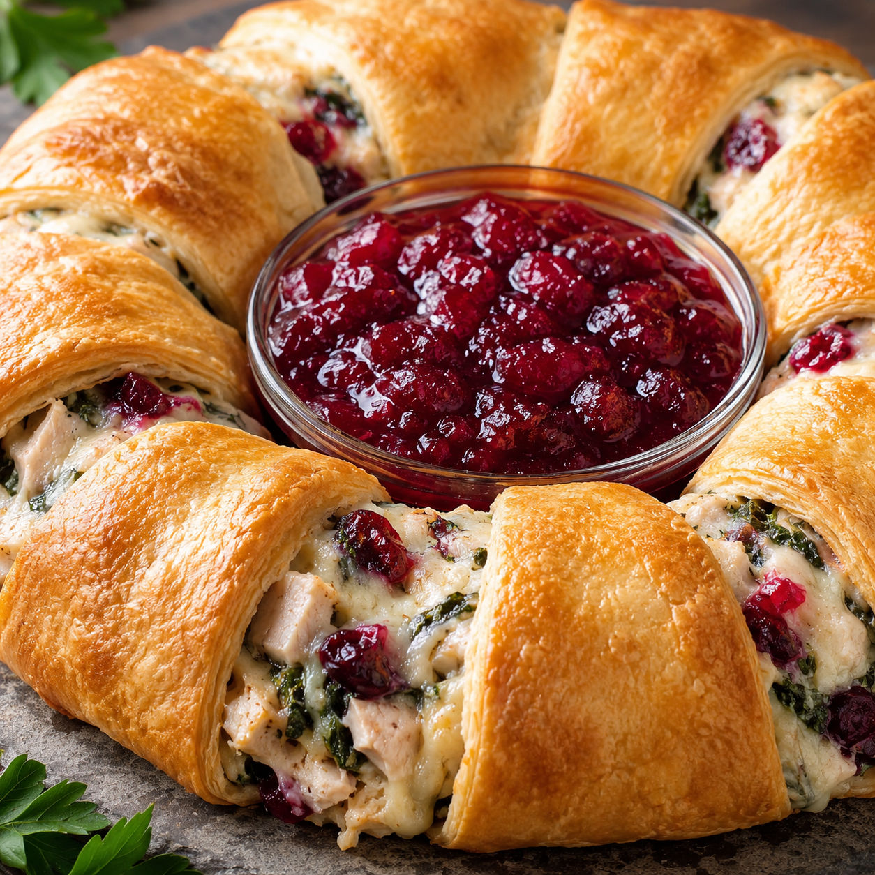 Turkey crescent ring with cranberry sauce and golden flaky pastry