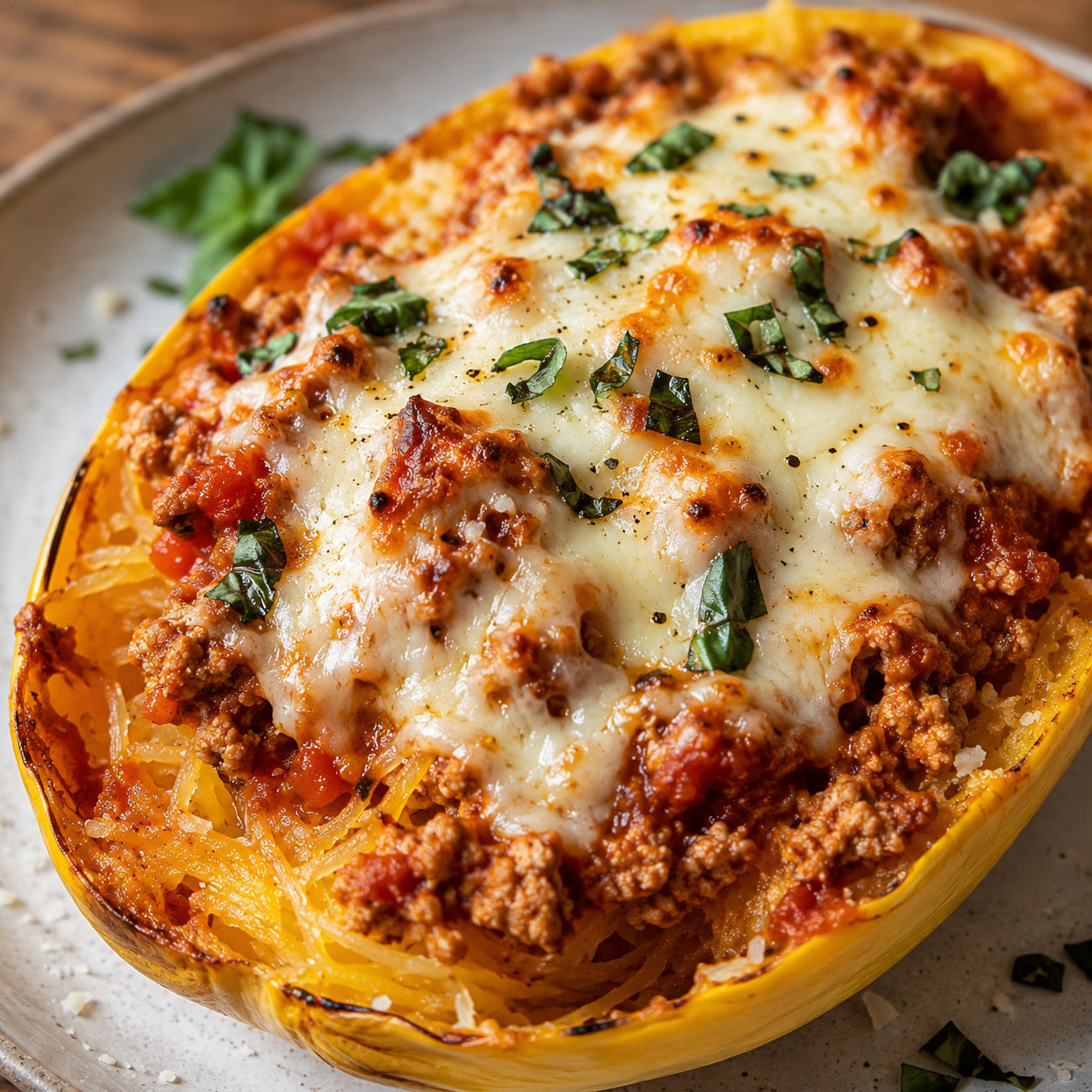 Turkey marinara spaghetti squash boats with browned mozzarella and basil