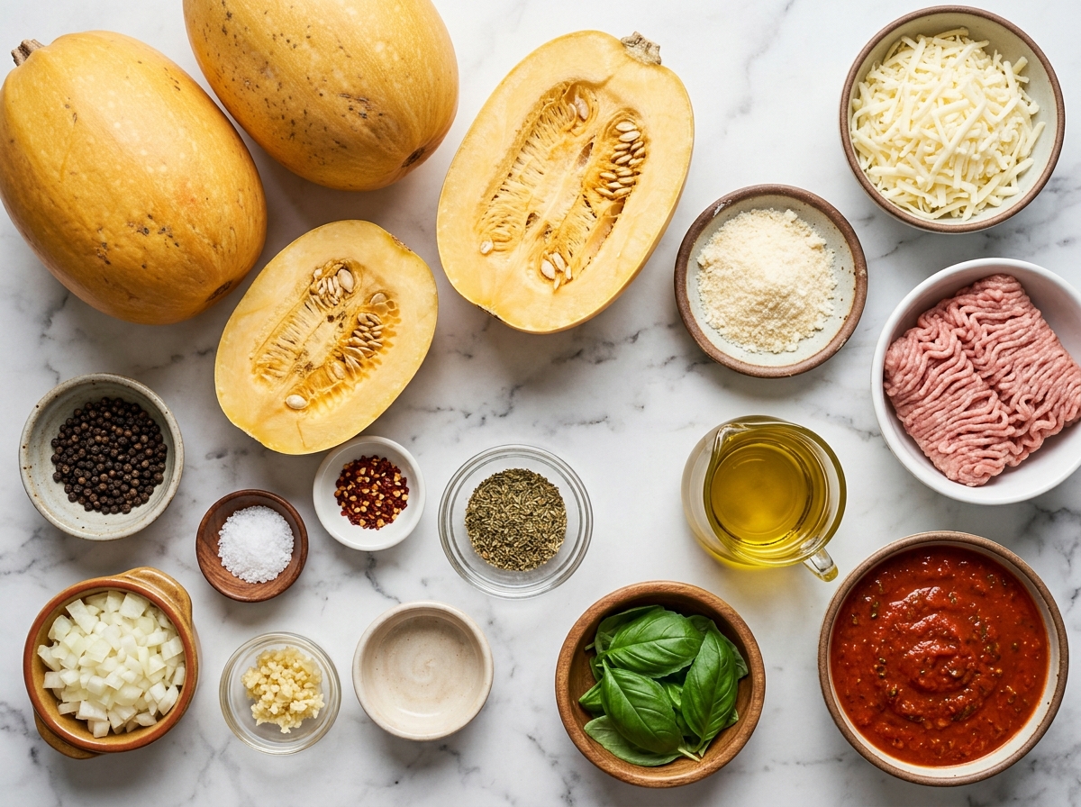 Ingredients for turkey marinara spaghetti squash with mozzarella