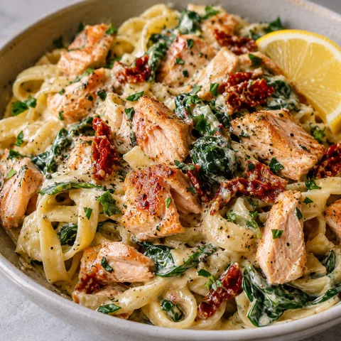 Tuscan salmon pasta with spinach and sun-dried tomatoes in cream sauce