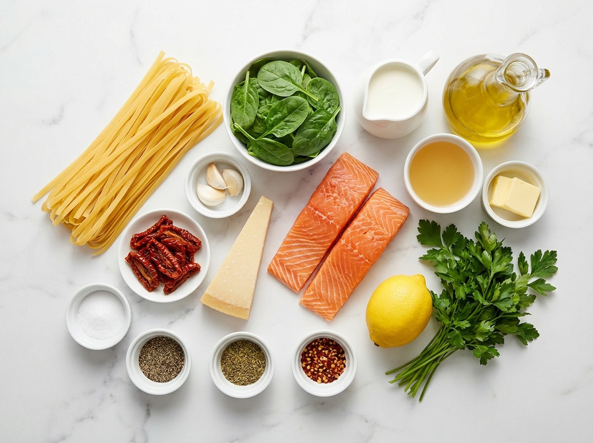 Ingredients for Tuscan salmon pasta with spinach and parmesan cream sauce