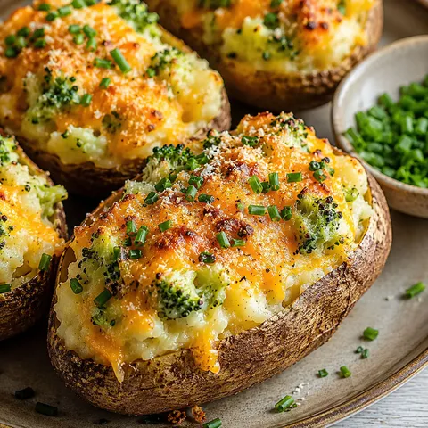 Broccoli cheddar twice-baked potatoes with melted cheese and chives