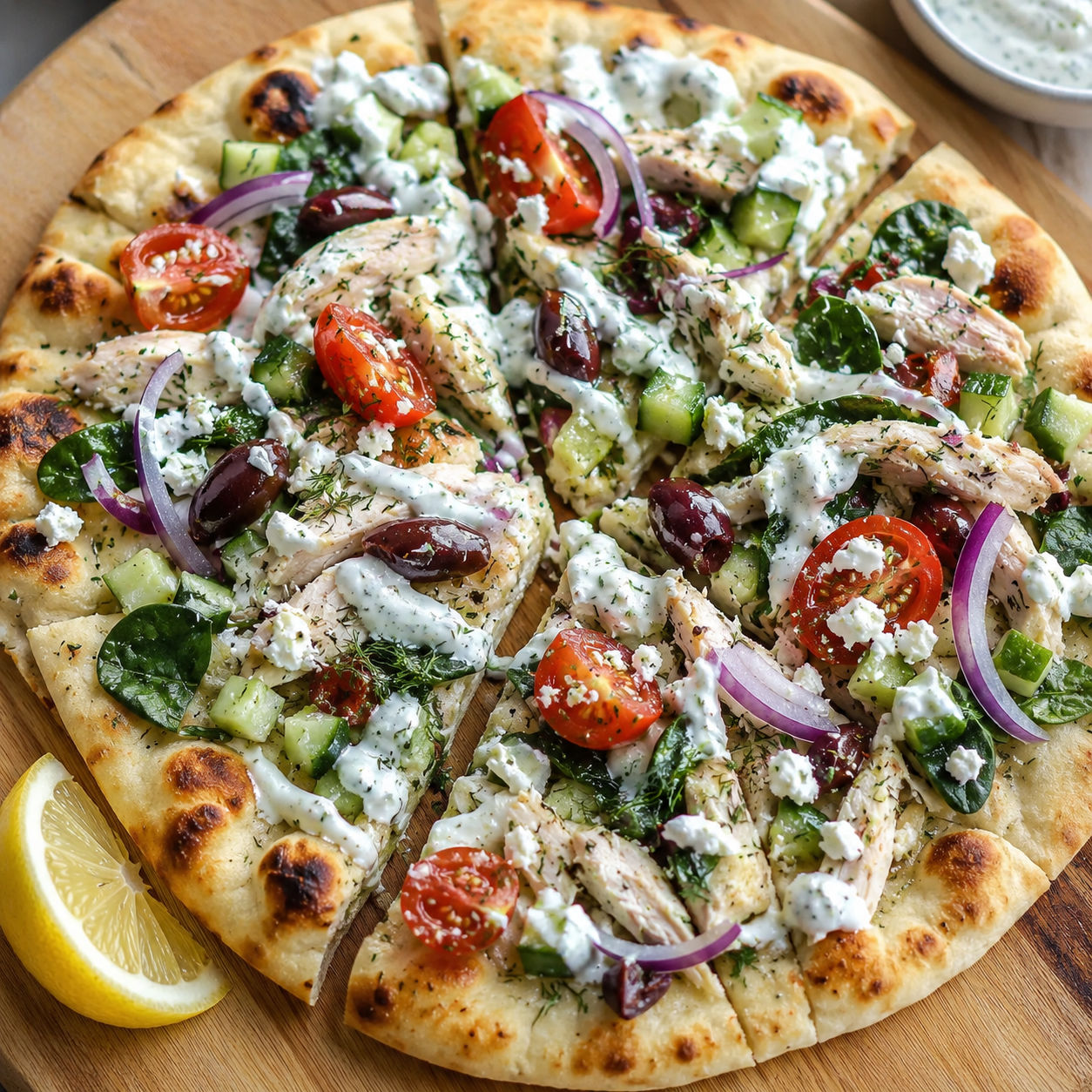 Tzatziki chicken naan pizza with feta, tomatoes, cucumber, and dill