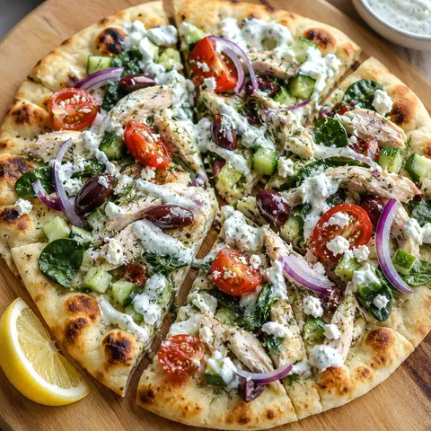 Tzatziki chicken naan pizza with feta, tomatoes, cucumber, and dill