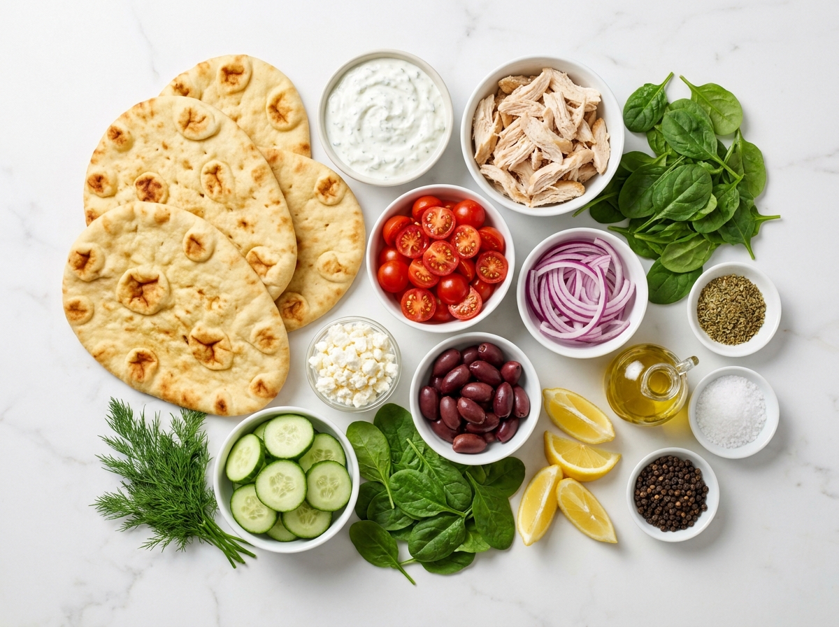 Ingredients for tzatziki chicken naan pizza with feta and vegetables