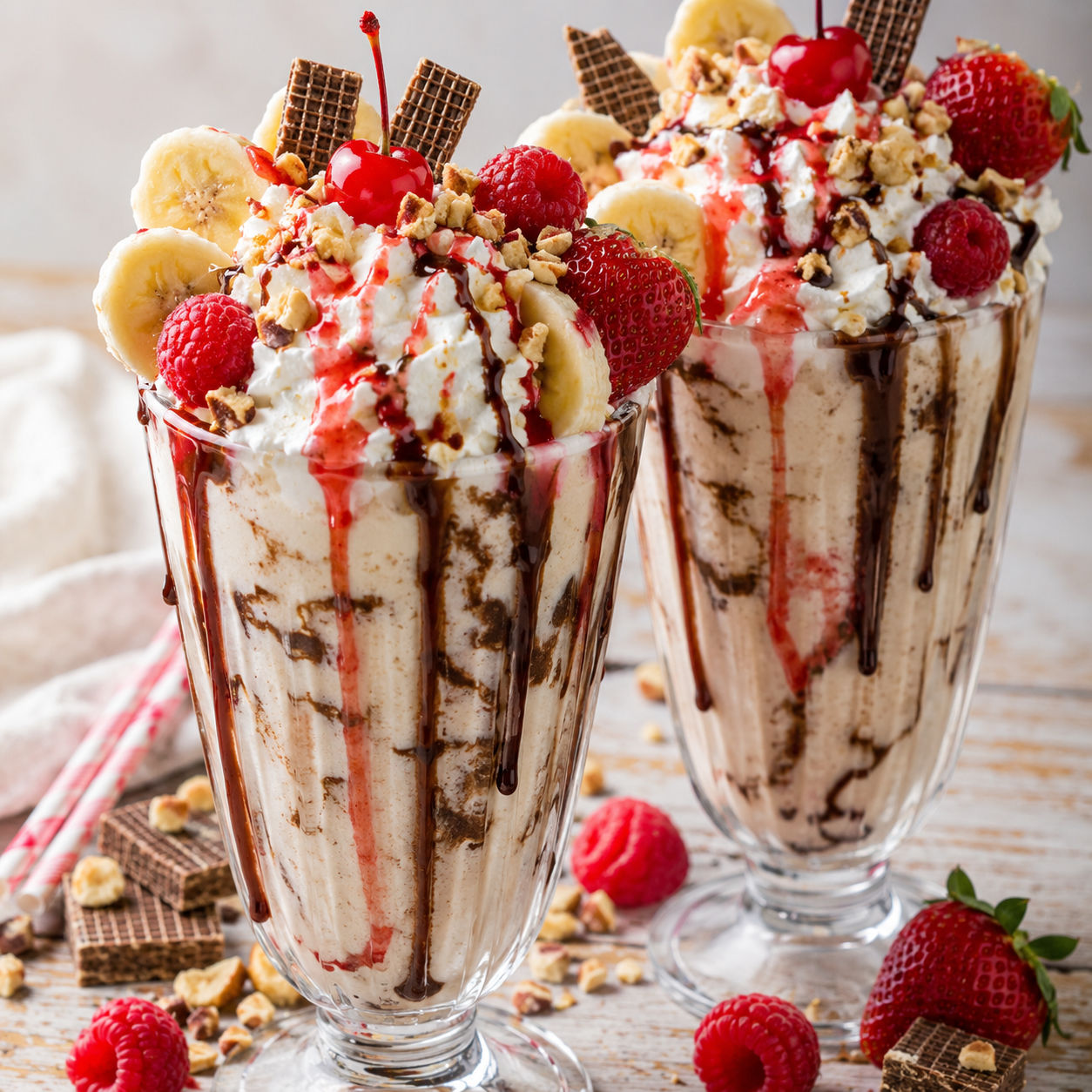 Banana split milkshakes with whipped cream, fruit, syrup, nuts, and cherries