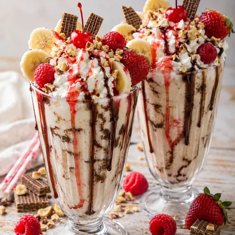Banana split milkshakes with whipped cream, fruit, syrup, nuts, and cherries