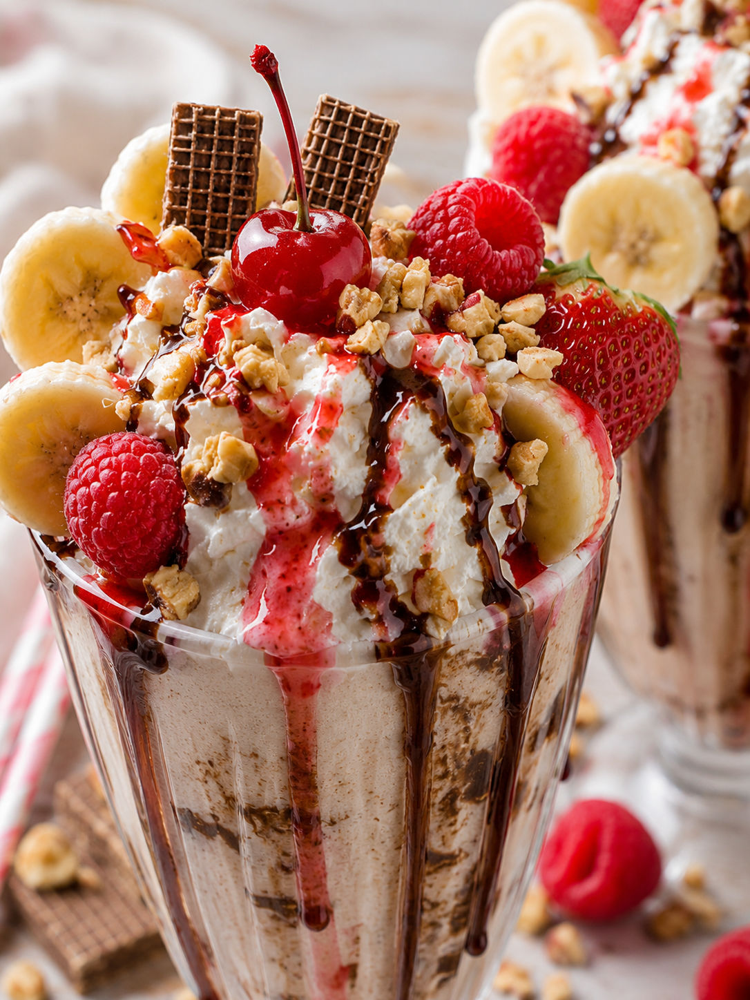 Ultimate Banana Split Milkshakes, plated and served