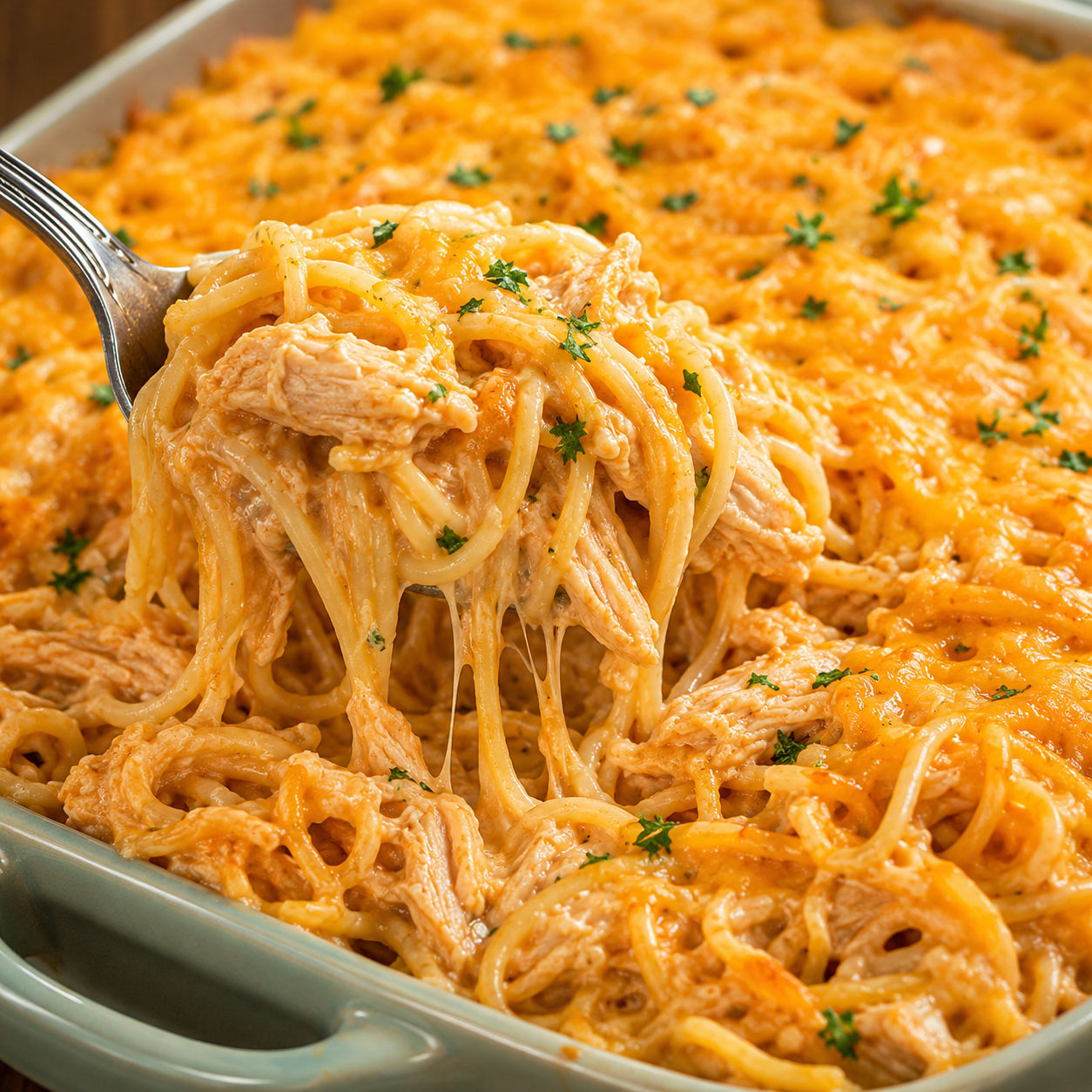 Cheesy chicken spaghetti casserole with melted cheddar and parsley