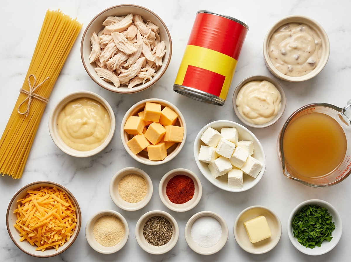 Ingredients for cheesy chicken spaghetti arranged on a kitchen counter