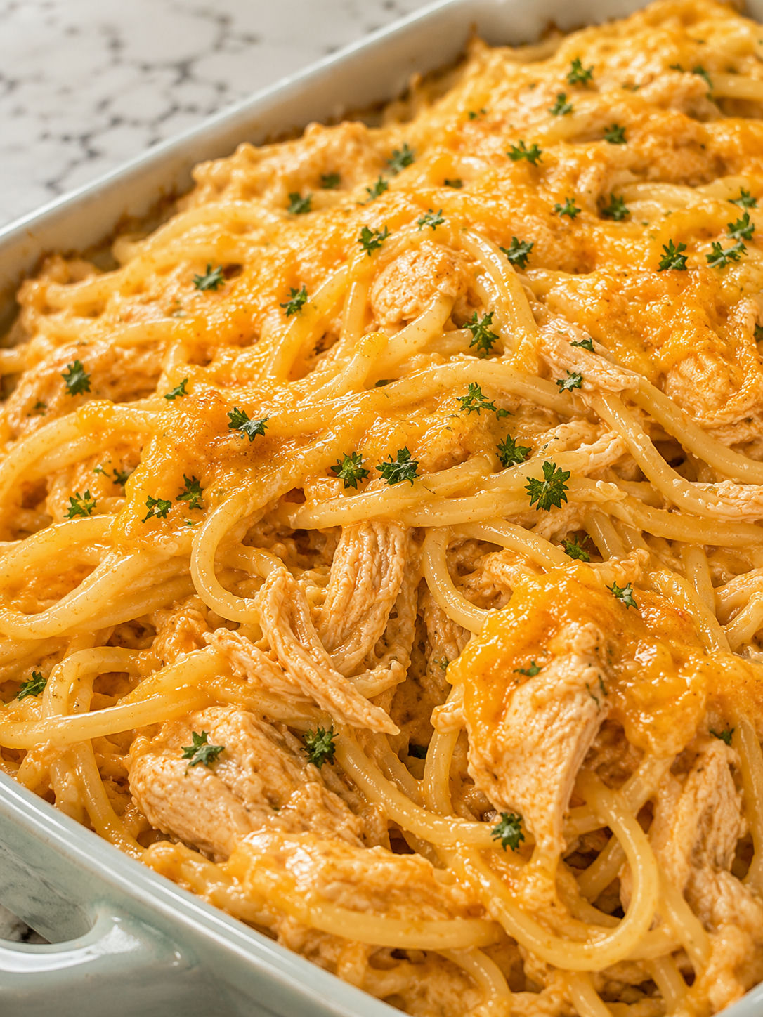 Ultimate Cheesy Chicken Spaghetti, plated and served