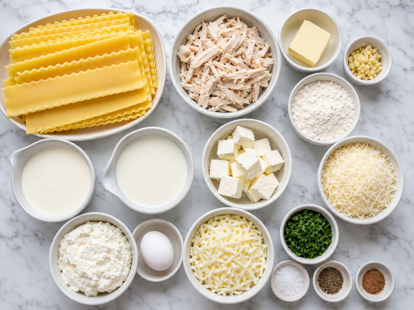 Ingredients for chicken Alfredo lasagna with noodles, cheeses, chicken, and cream