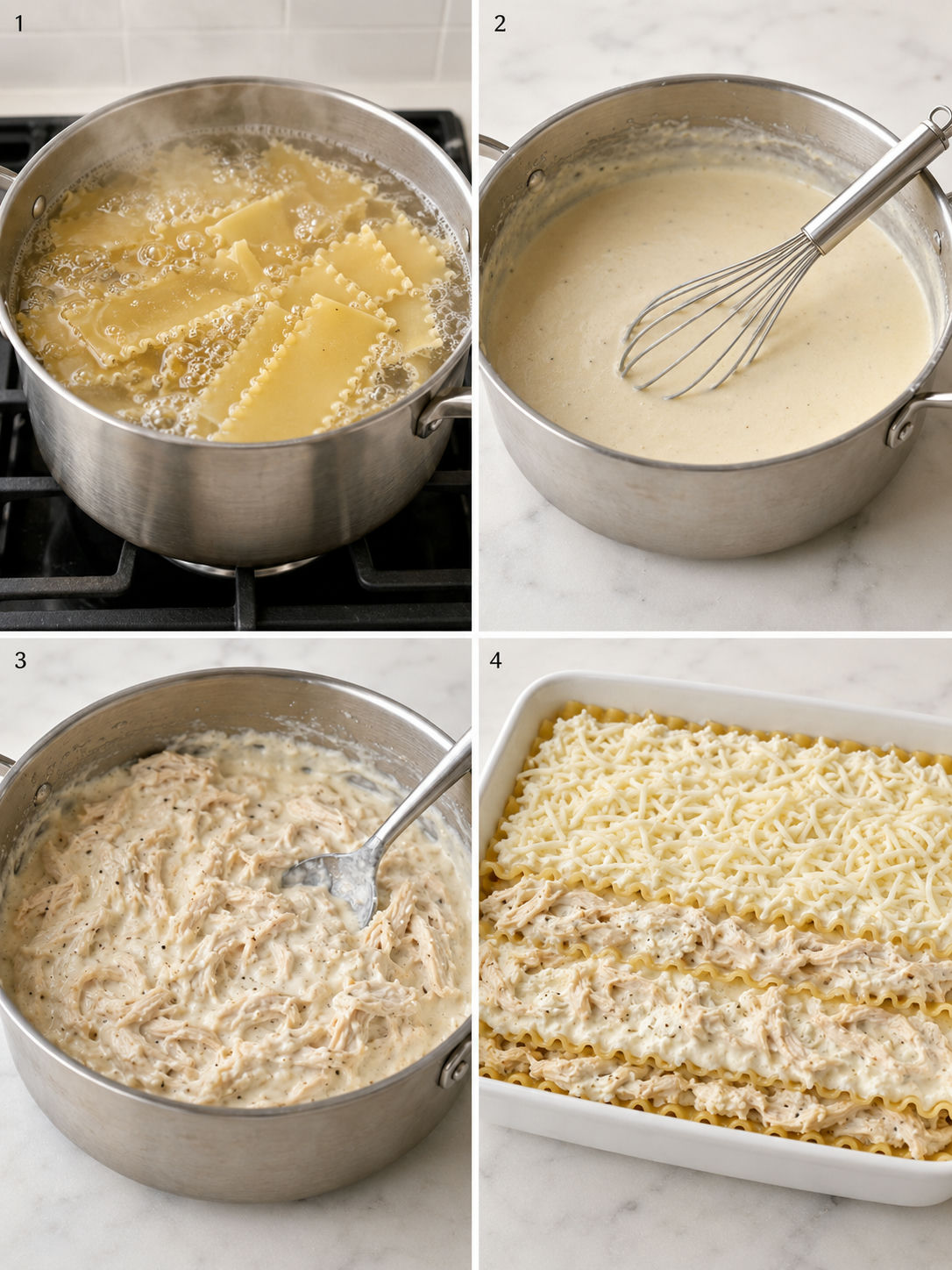 Four cooking steps for chicken Alfredo lasagna from noodles to layering
