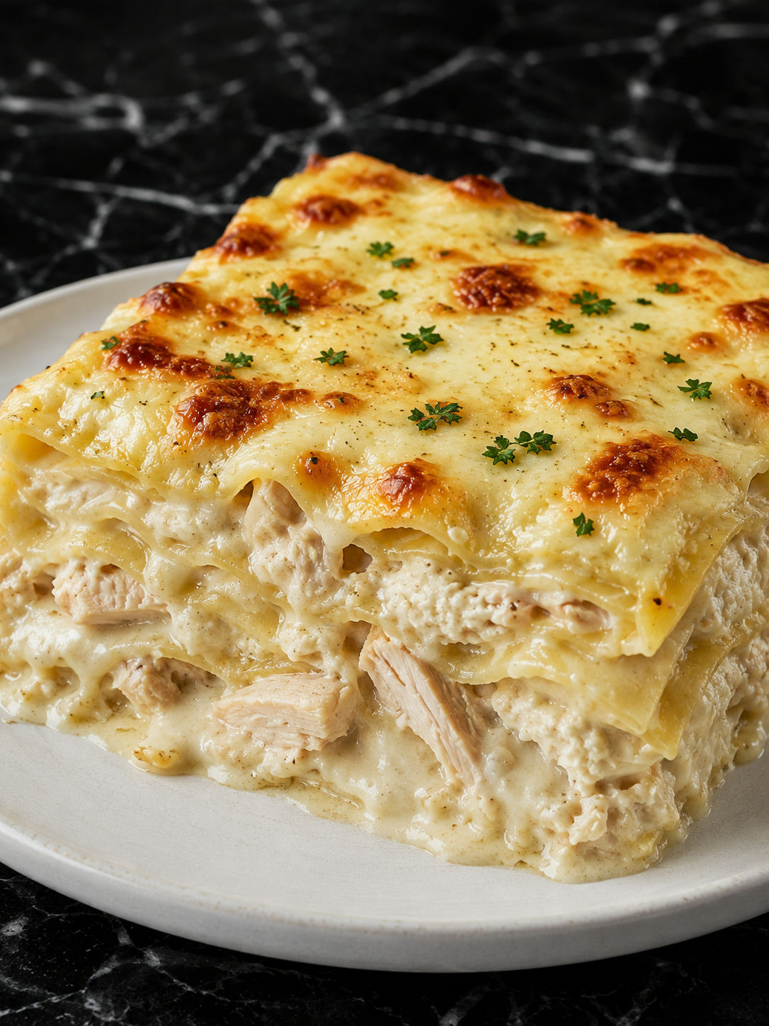 Creamy chicken Alfredo lasagna slice with browned mozzarella and parsley