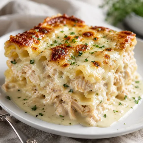 Chicken Alfredo lasagna slice with creamy Parmesan sauce and parsley