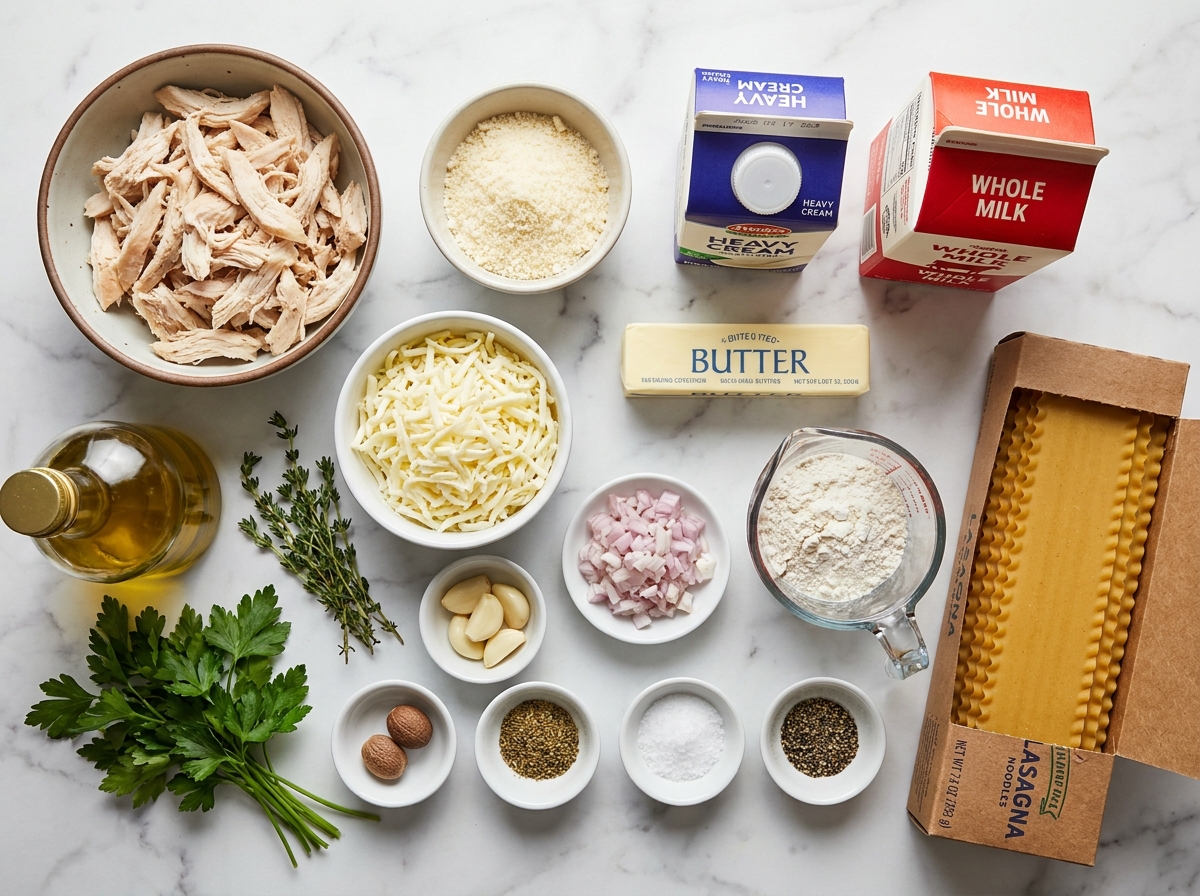 Ingredients for chicken Alfredo lasagna with Parmesan, noodles, and chicken