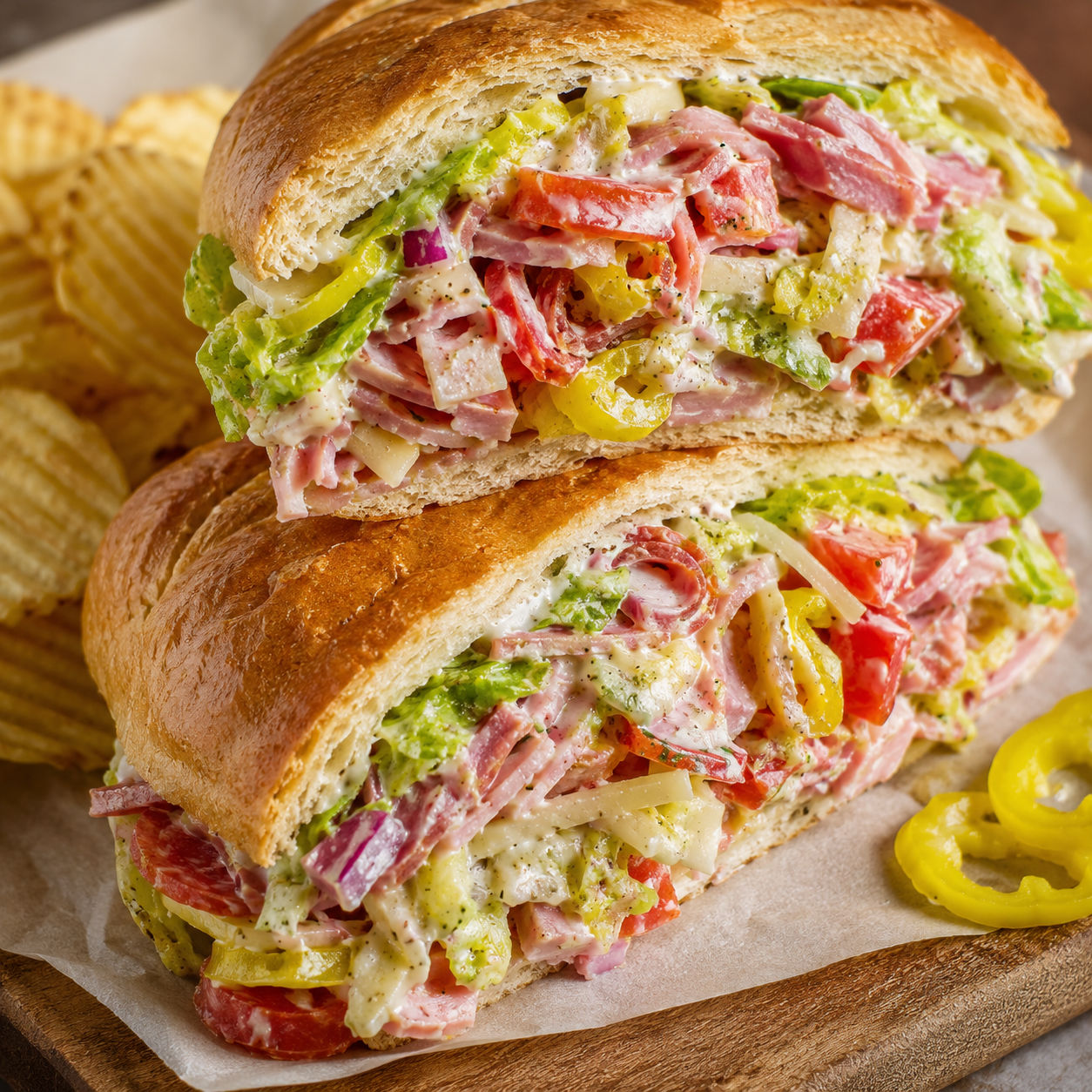 Chopped Italian sandwich with deli meats, provolone, lettuce, and peppers