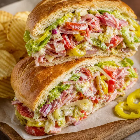 Chopped Italian sandwich with deli meats, provolone, lettuce, and peppers