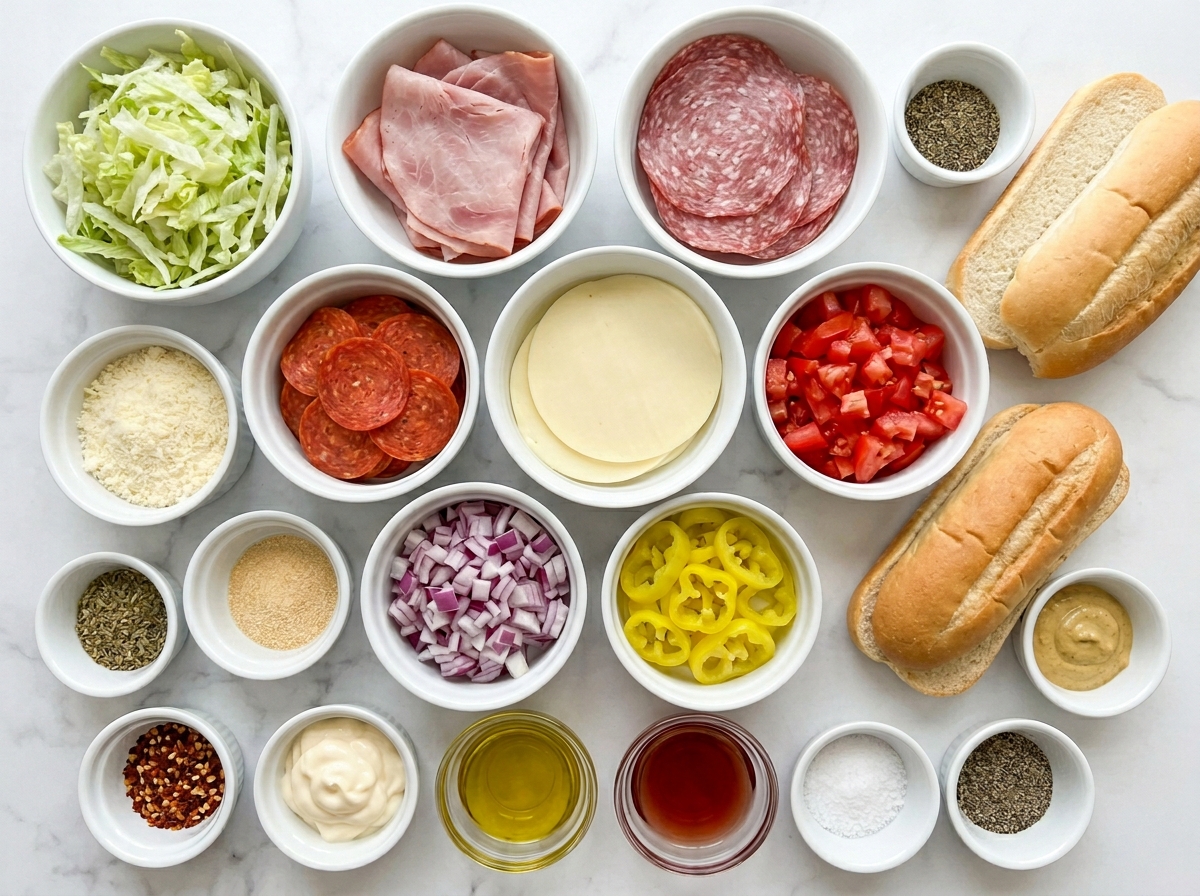 Ingredients for chopped Italian sandwiches with deli meats and rolls