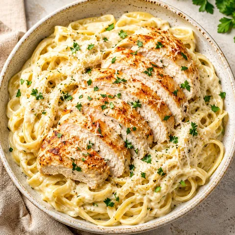 Creamy chicken Alfredo with sliced chicken, parsley, and Parmesan