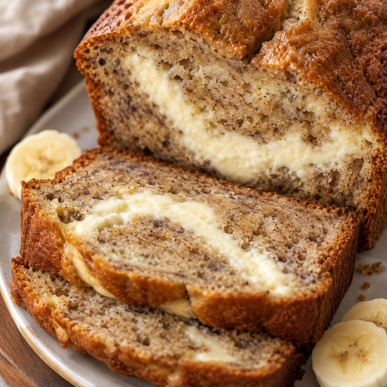 Cream cheese banana bread slices with a creamy swirl and golden crust