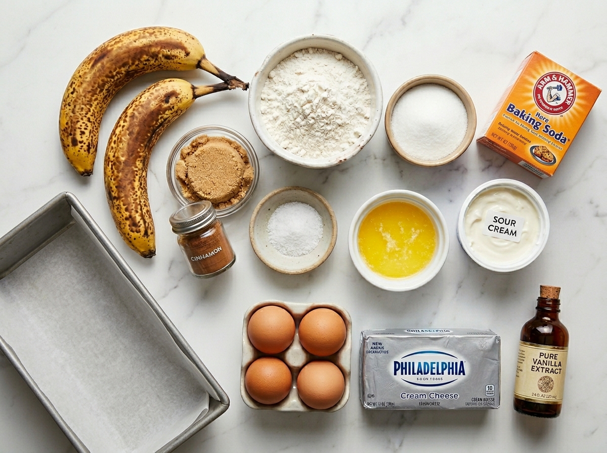 Ingredients for cream cheese banana bread with ripe bananas and cream cheese