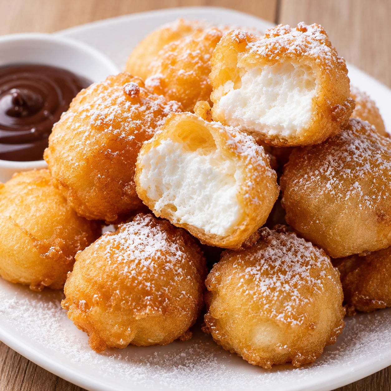 Golden crispy deep fried marshmallows dusted with powdered sugar on a white plate