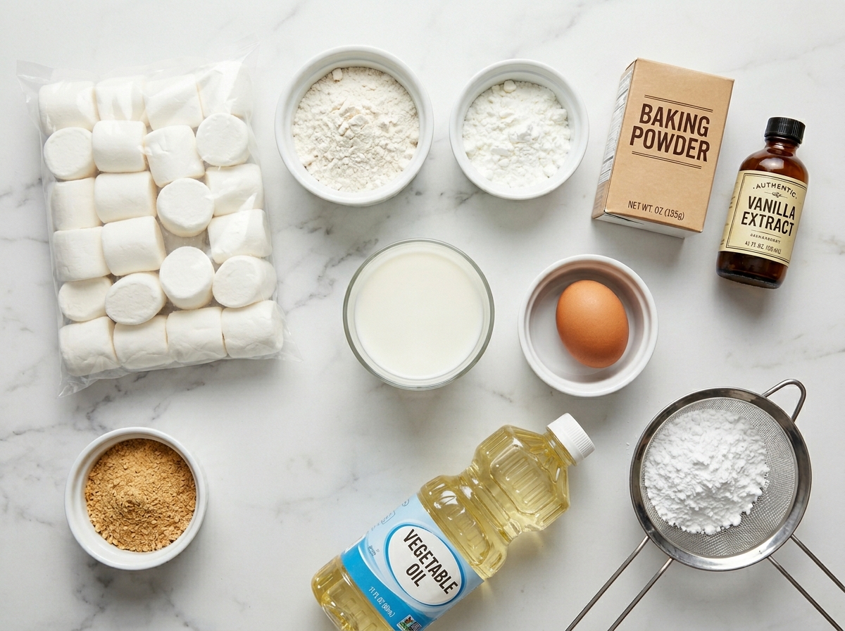 Raw ingredients for crispy deep fried marshmallows arranged on a wooden board