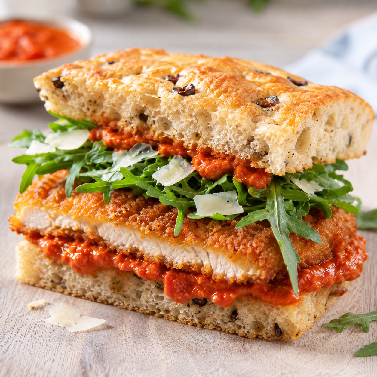 Crispy panko chicken romesco focaccia sandwich with arugula and Manchego