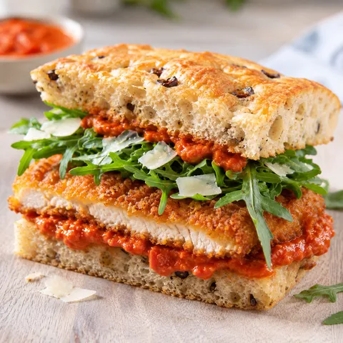 Crispy panko chicken romesco focaccia sandwich with arugula and Manchego