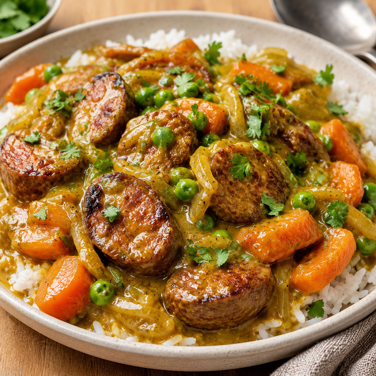 Curried sausages with carrots and peas over white rice