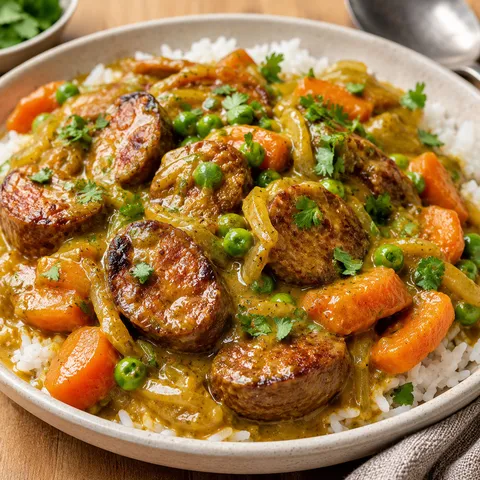 Curried sausages with carrots and peas over white rice