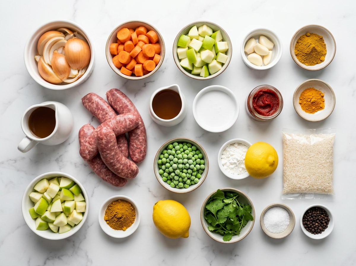 Ingredients for curried sausages with beef sausages vegetables and curry spices