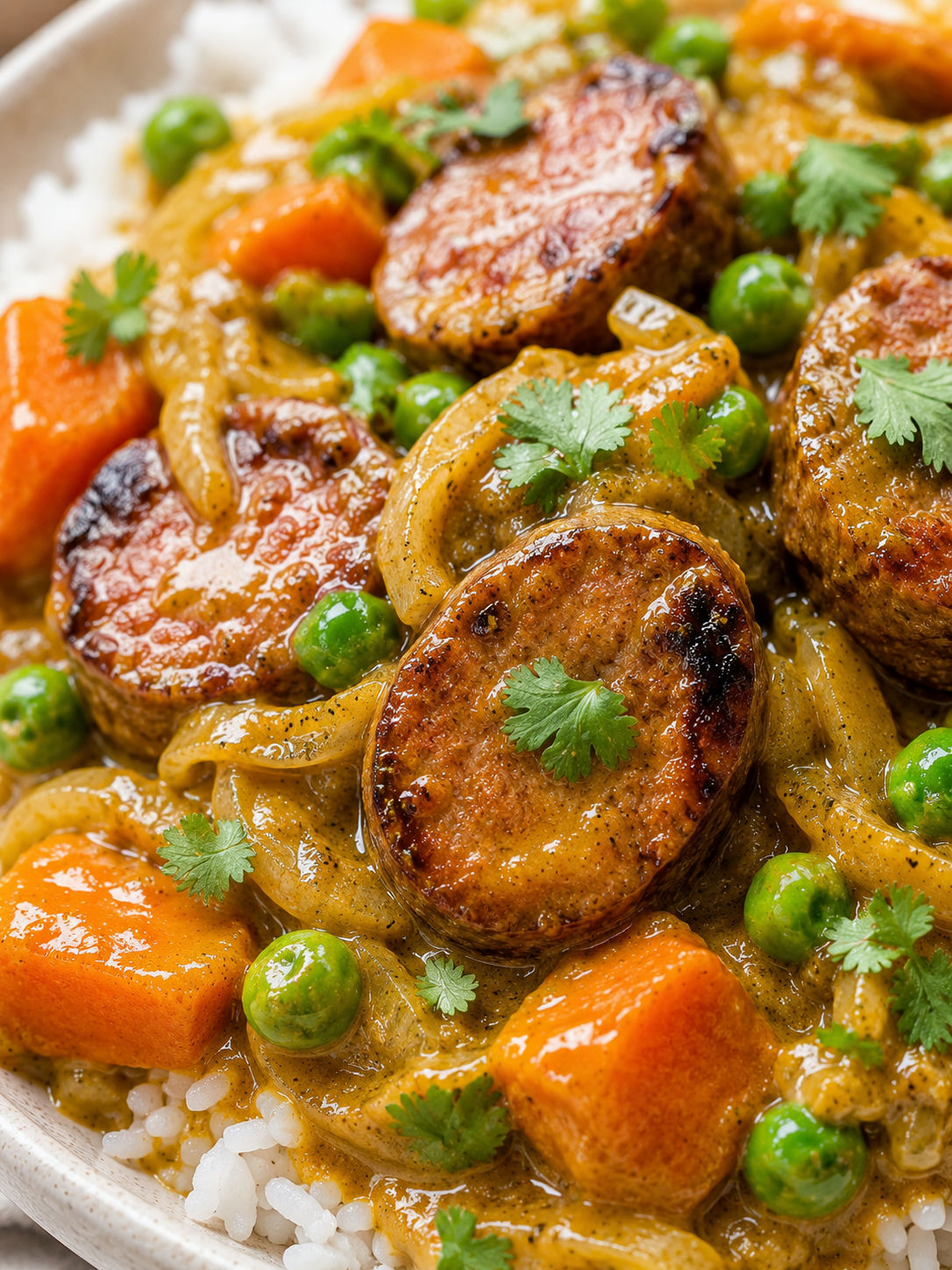 Ultimate Curried Sausages, plated and served