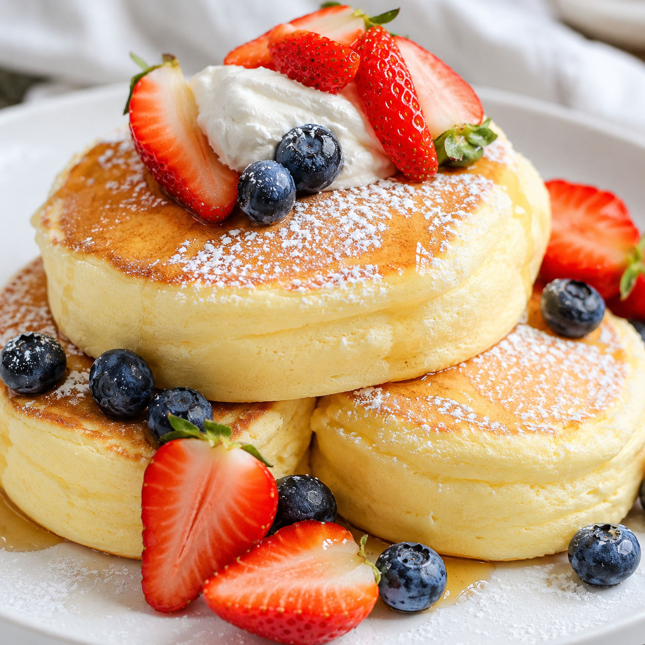Tall Japanese soufflé pancakes with berries, cream, and powdered sugar