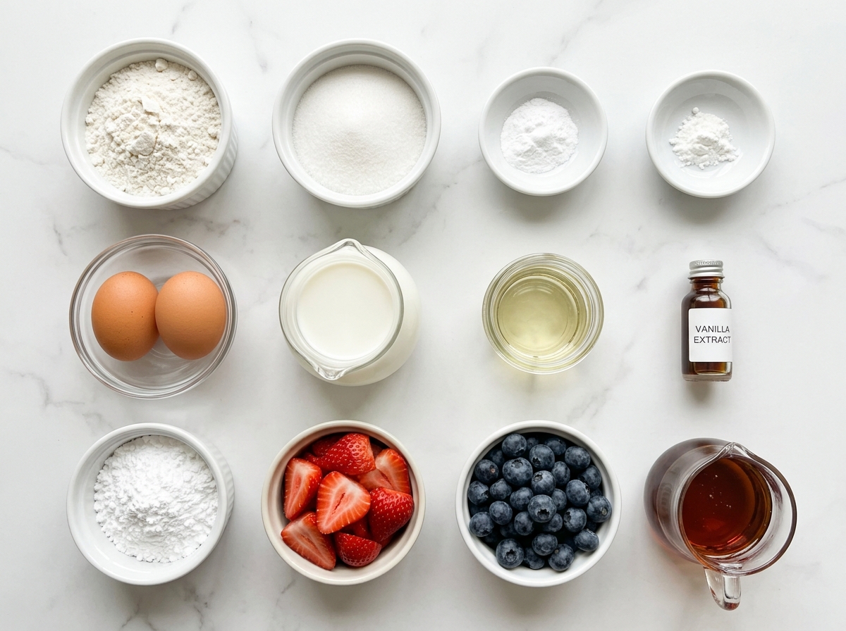 Ingredients for Japanese soufflé pancakes with eggs, flour, berries, and cream