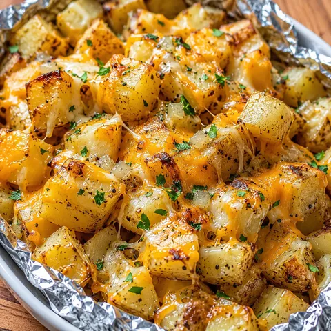 Grilled cheesy garlic potatoes with parsley in a shallow serving bowl