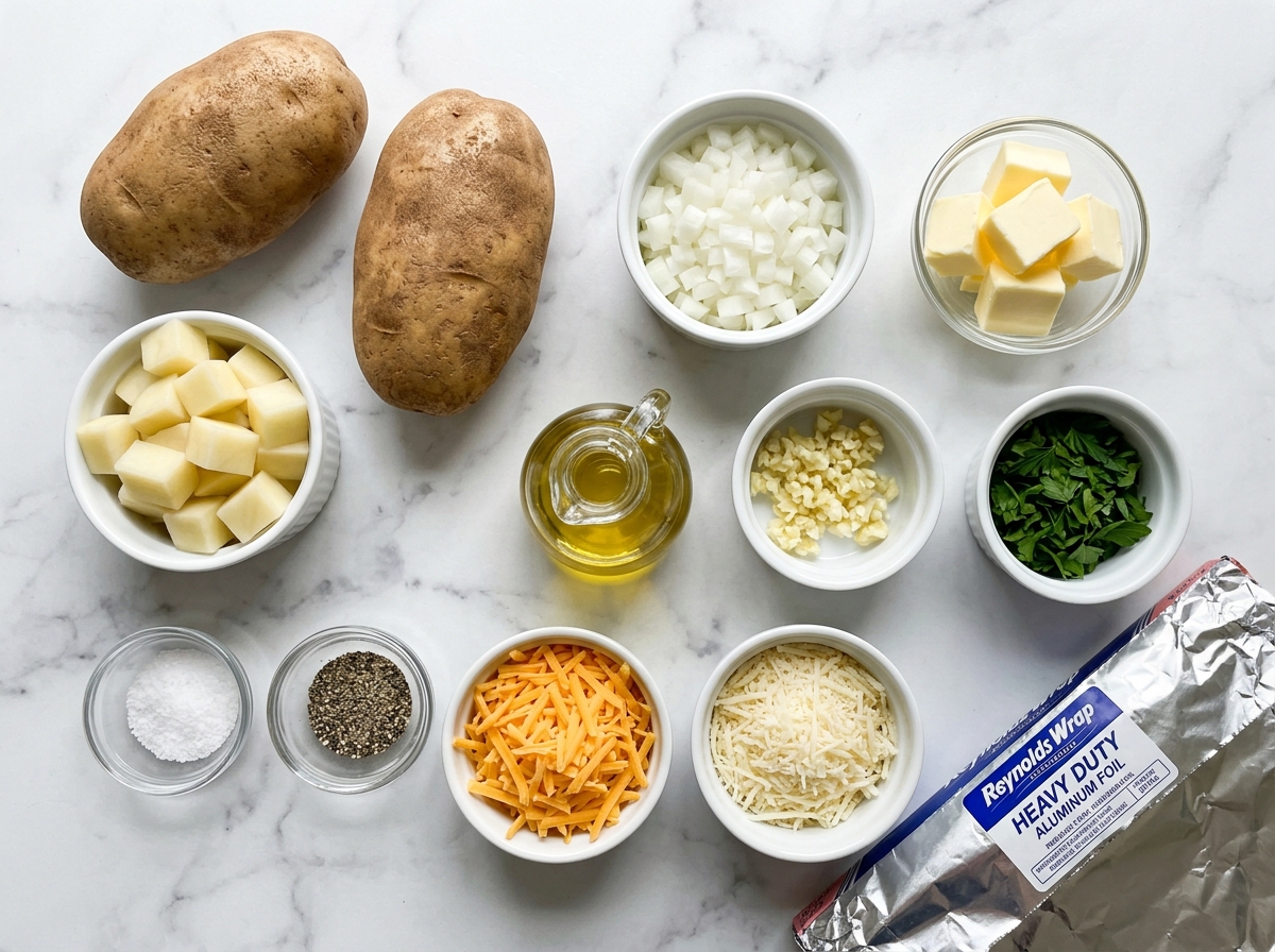 Ingredients for grilled cheesy garlic potatoes with cheese, garlic, and foil